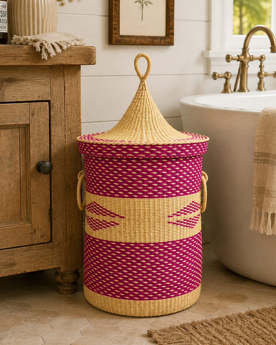 A hand woven laundry hamper with a lid.